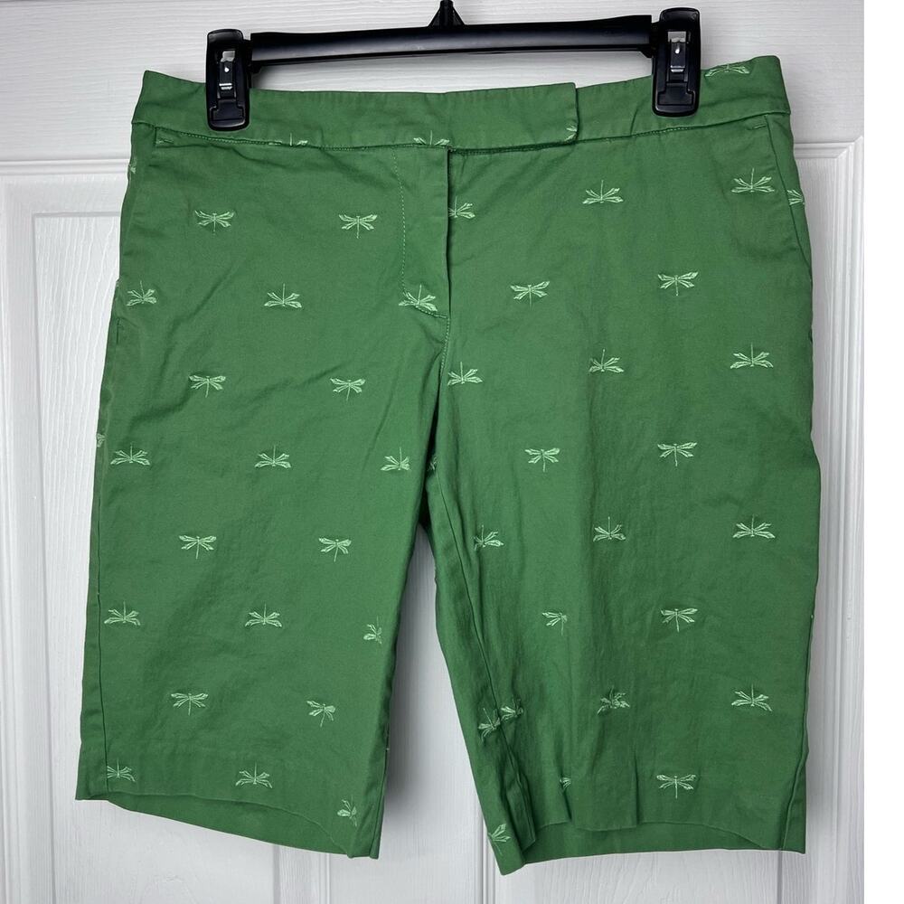 Talbots Petites Green Shorts Embroidered Dragonflies Size 6P Bermuda